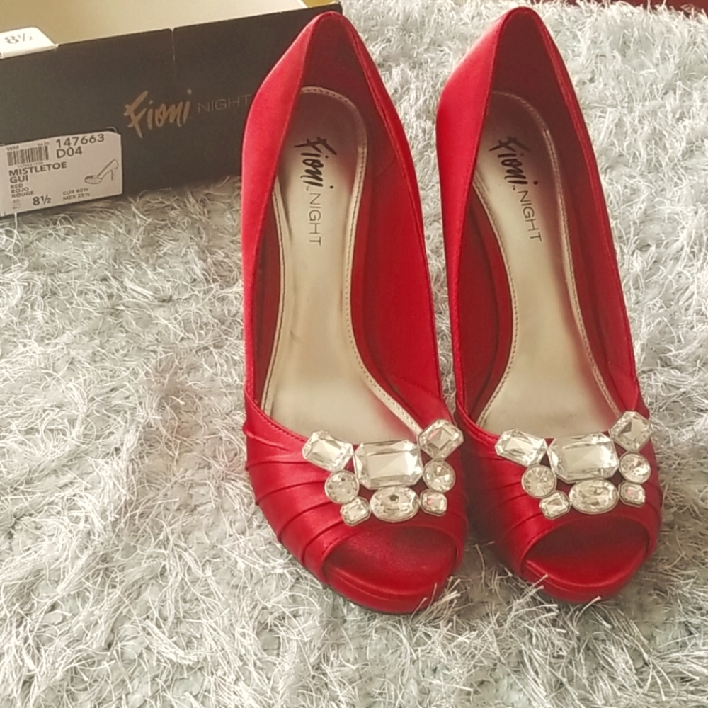 Blinged out red satin heels